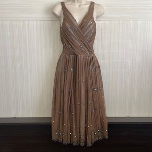 TRACY REESE Mesh Overlay Beaded V-Neck Midi Cocktail Party Dress | Size 4